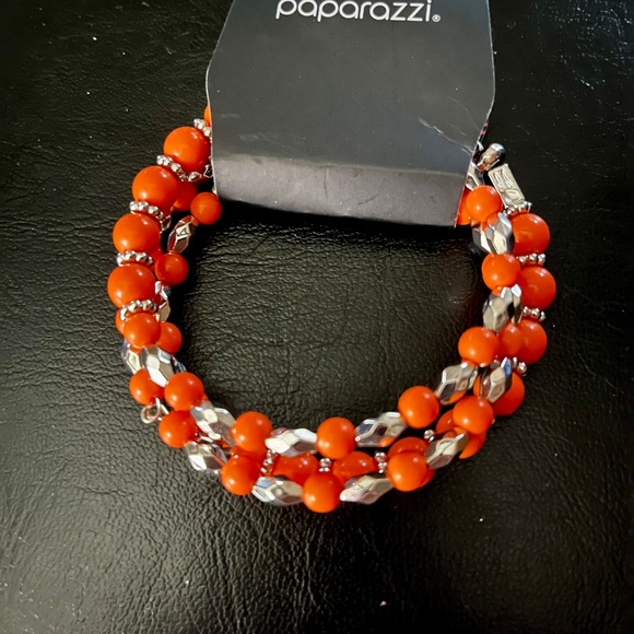 Paparazzi Orange and Silver Beaded Coil Bracelet - Picture 1 of 2